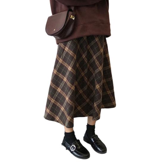 Women Midi Skirt High Waist A-Line Woolen Skirt Plaid Pattern Slimming Mid-calf Skirt Daily Home Street Wear