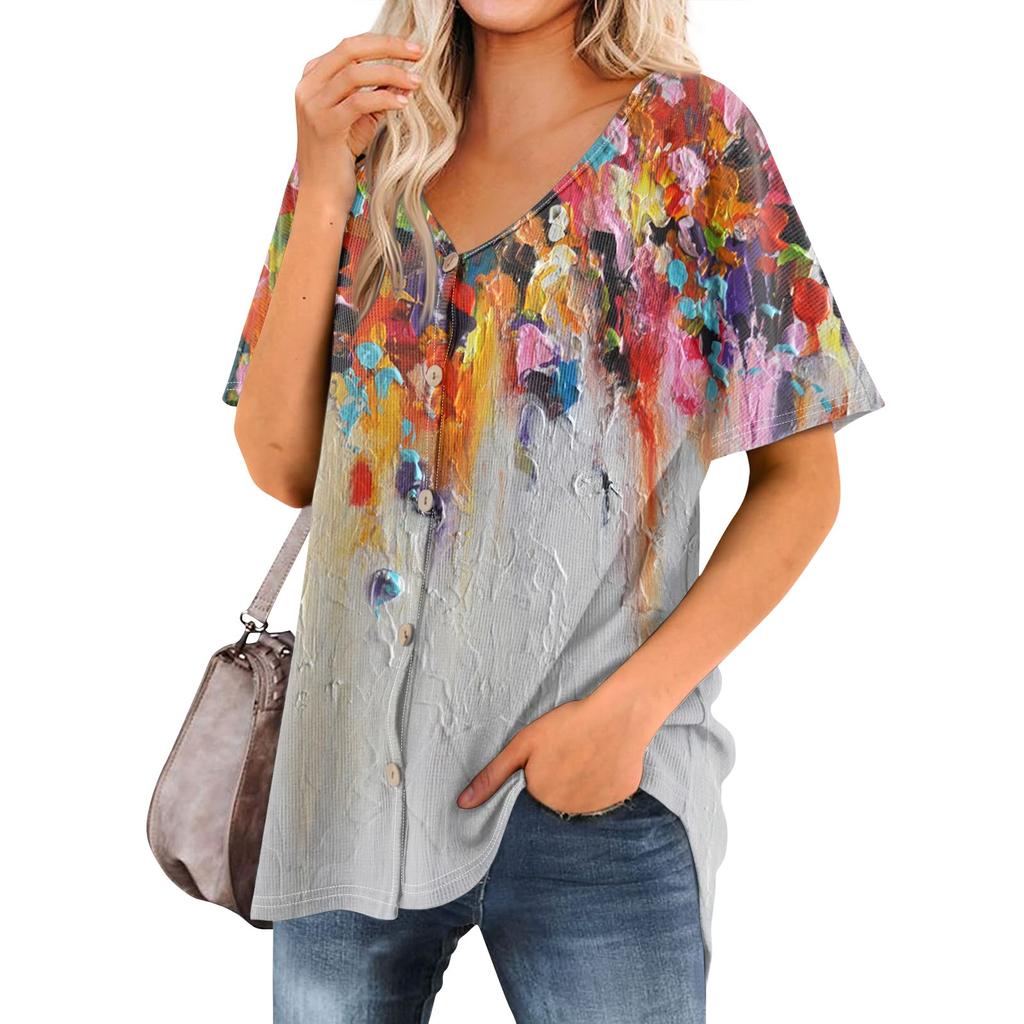 Women's T Shirt Tee Printed Women's Shirts V Neck Short Sleeve Button Up Tunic Tops Blouse
