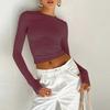 Womens Slim Fit Solid Color Crew Neck Long Sleeve T-Shirt Casual Streetwear Top