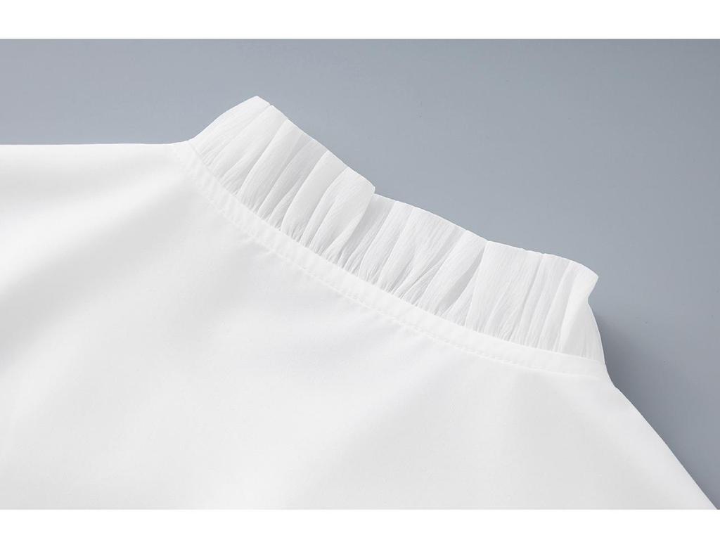 French White Women's Flare Sleeve Lace Top - Casual Long Sleeve Stand Collar Shirt