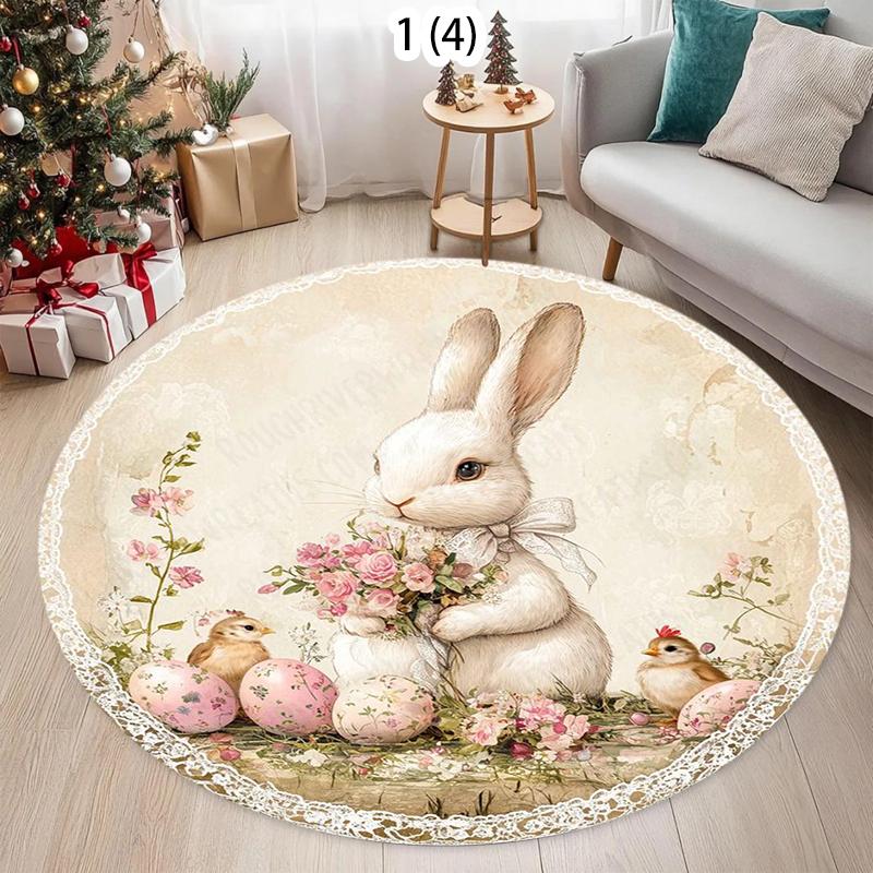Vintage Oil Painting Style Circular Carpet Cartoon Rabbit Flower Home Decoration Floor Mat Living Room Bedroom Entrance Door Mat