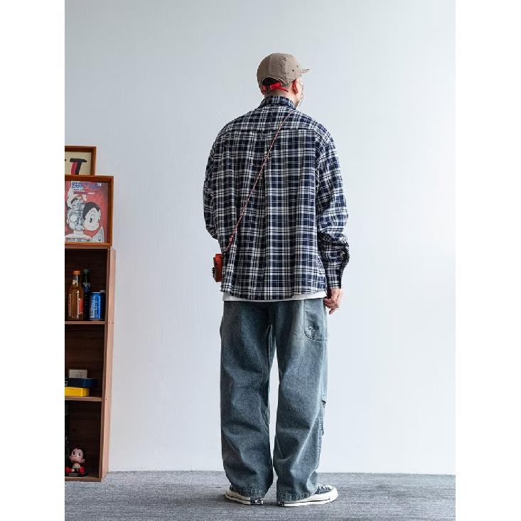 2024 Клетчатая рубашка с длинным рукавом в японском стиле Гонконга Ins Свободная рубашка для мальчиков Летнее модное универсальное повседневное пальто