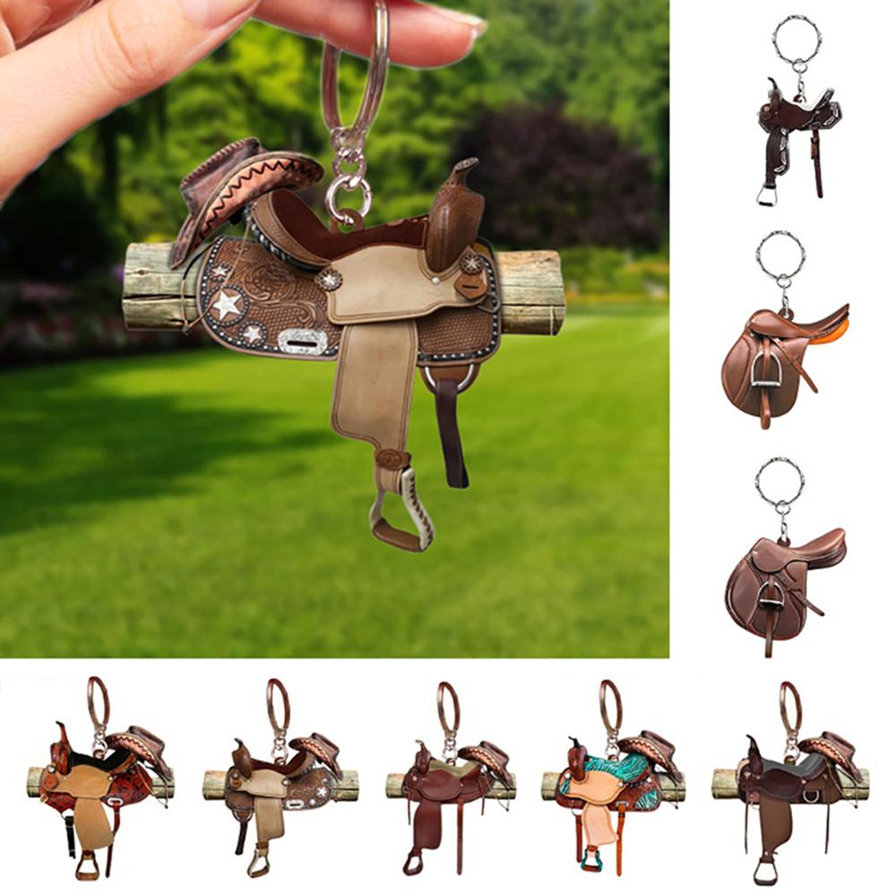 Horse Western Cowboy Saddle Shape Keychain Acrylic Charm Pendant Hanging Keyring Decoration Car Key Rings Holder Gifts Not 3D