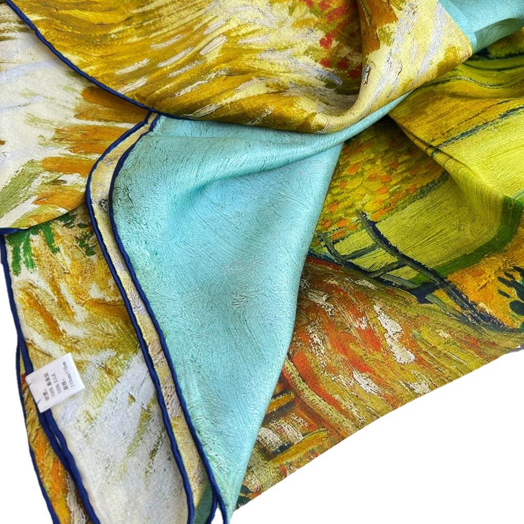 Pastoral Oil Painting Series Yellow-Green Silk Gifts Silk Silk Scarves Mulberry Silk Travel Shawl Scarf Dual-Purpose