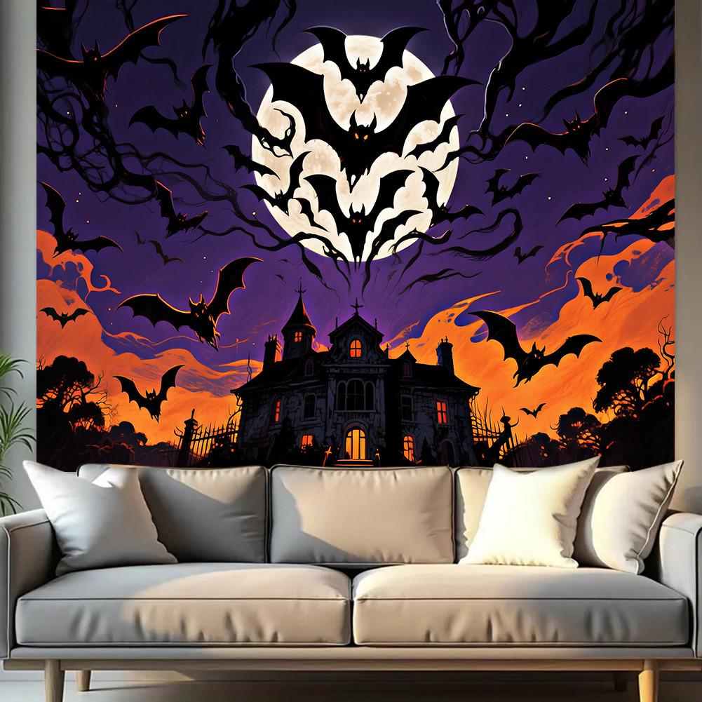 Страшный баннер-фон на Хэллоуин - Замок с летучими мышами и полной луной для вечеринок в помещении/на открытом воздухе, выпускного, декора на Хэллоуин, мероприятия