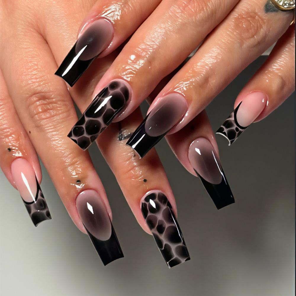 24 шт. Глиттерные французские накладные ногти, простые черные звезды с цветными стразами, средние квадратные накладные ногти, ногти в стиле Инс