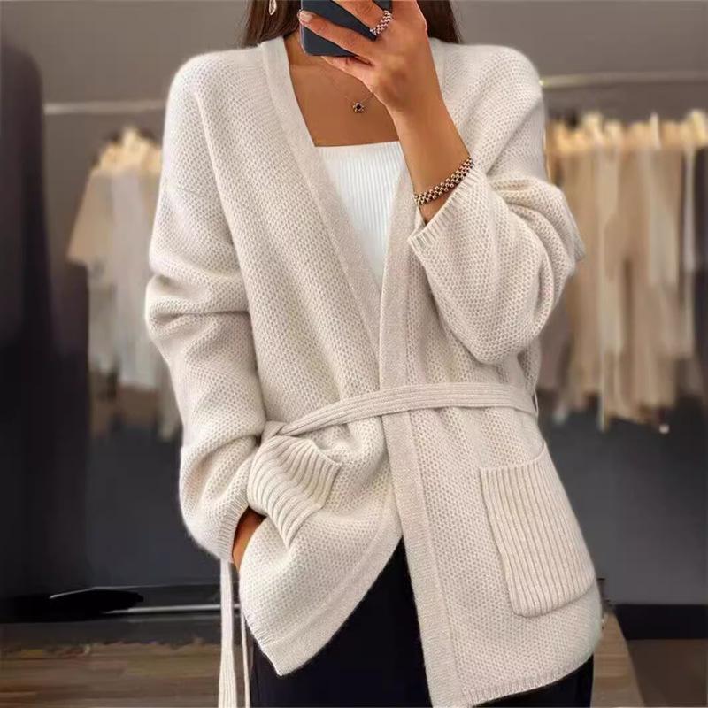 Tooxika Новый женский утолщенный однотонный вязаный кардиган на шнуровке со свободными карманами свитер куртка