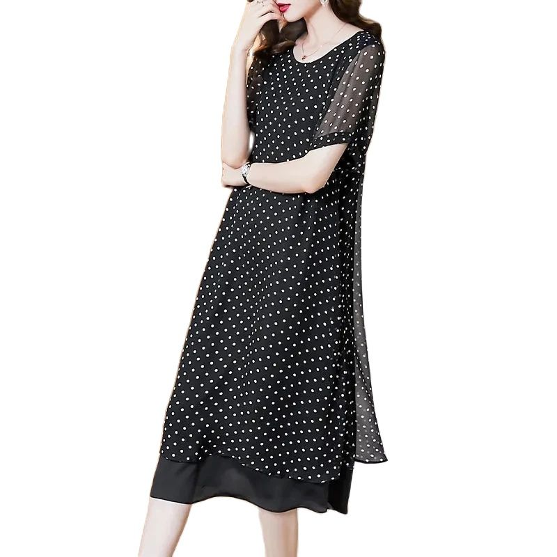 Летнее простое легкое зрелое платье с круглым вырезом в горошек, французское свободное платье с коротким рукавом в стиле знаменитости-иностранки