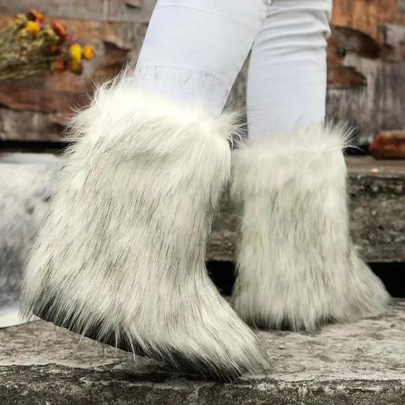 Winter Women Fluffy Faux Fox Fur Short Boots Comfortable Plush Warm Snow Luxury Girls Furry Fashion Footwear