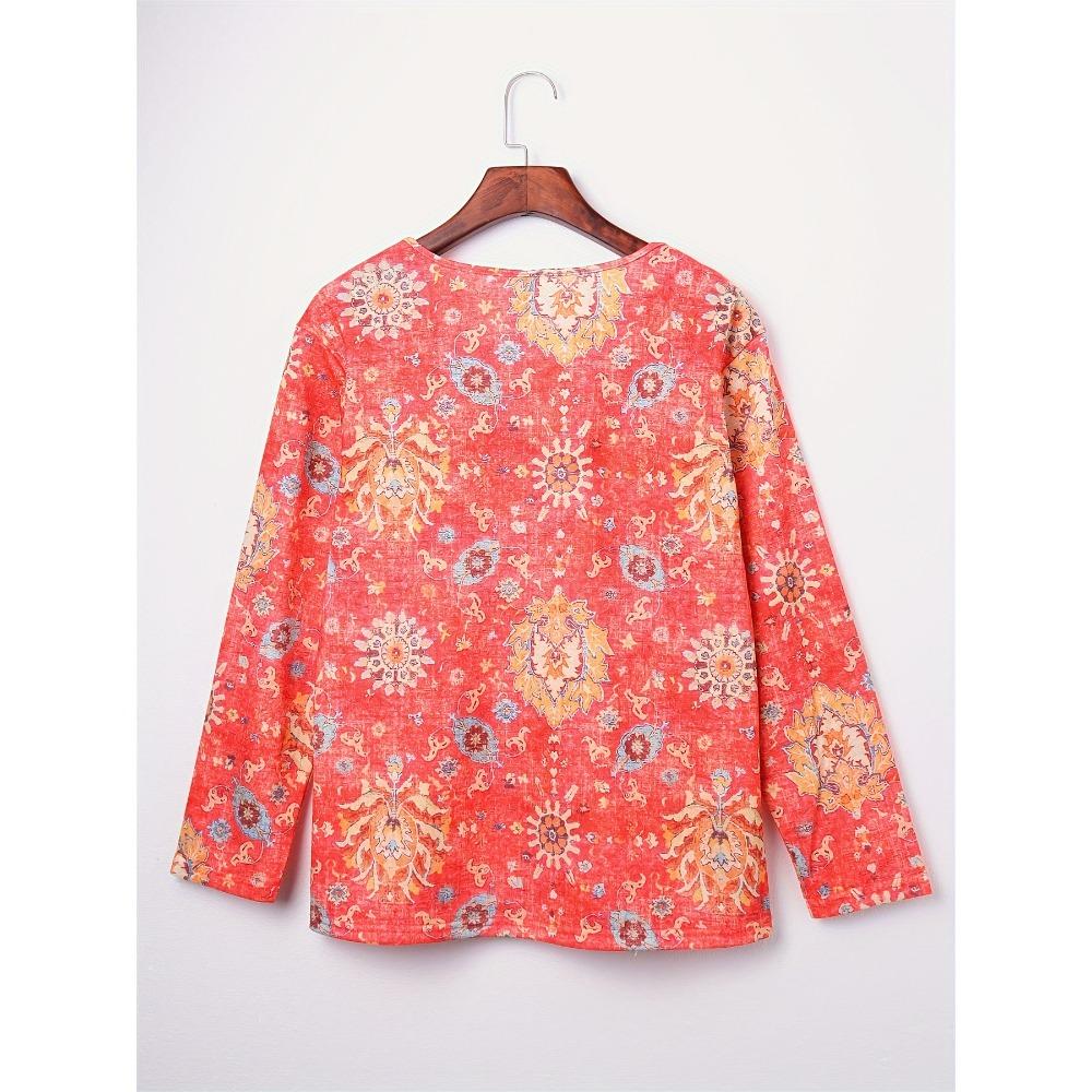 Новая осень-зима женская блузка винтажная этническая рубашка с цветочным принтом с длинным рукавом и V-образным вырезом на пуговицах свободные повседневные топы в стиле бохо