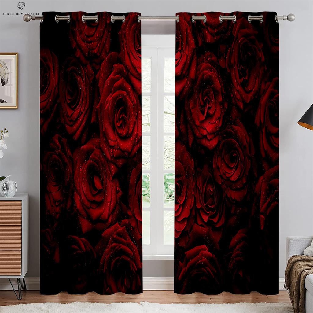 Romantic Rose Red Retro Print Curtain, Rod Pocket Curtain, Bedroom, Living Room, Kitchen, Outdoor Decorative, 2 Pieces