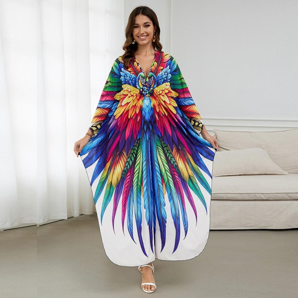 Women's Boho Cover Up, Plus Size Contrast Loose Fit Vacay Beach Kaftan Dress
