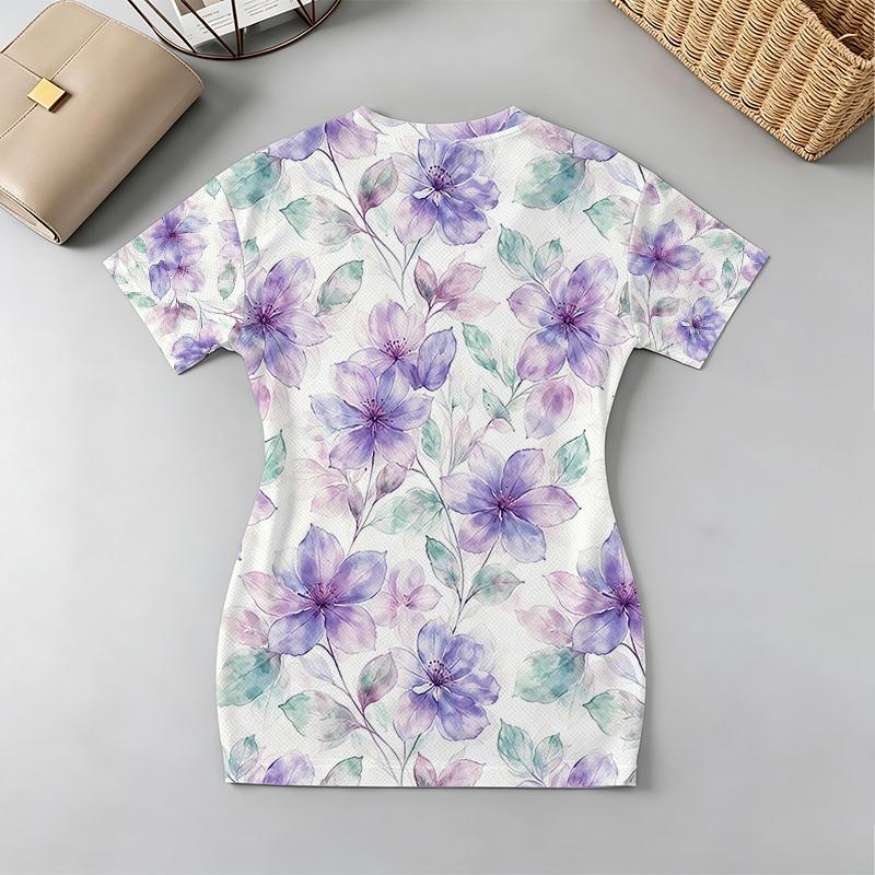 Women's Fitted V-Neck Short Sleeve Dress Fresh Print,Skin-Friendly Breathable Fabric,Beach Casual Style,Versatile for Daily,Vacation & Commute
