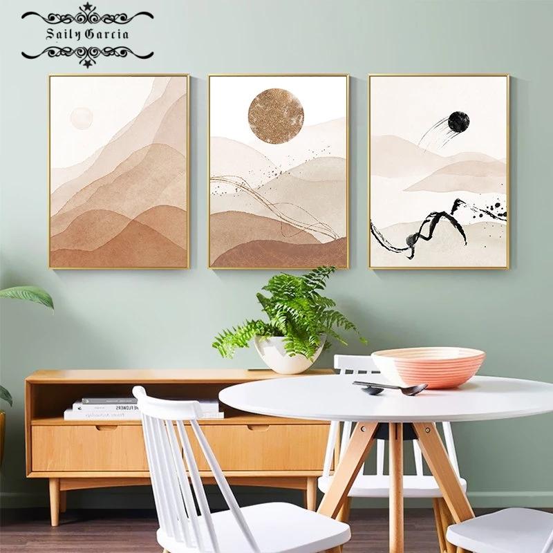 Абстрактное горное солнце Пейзаж Холст Картина Скандинавский бежевый настенный художественный постер и печать фотографий для гостиной Домашний декор
