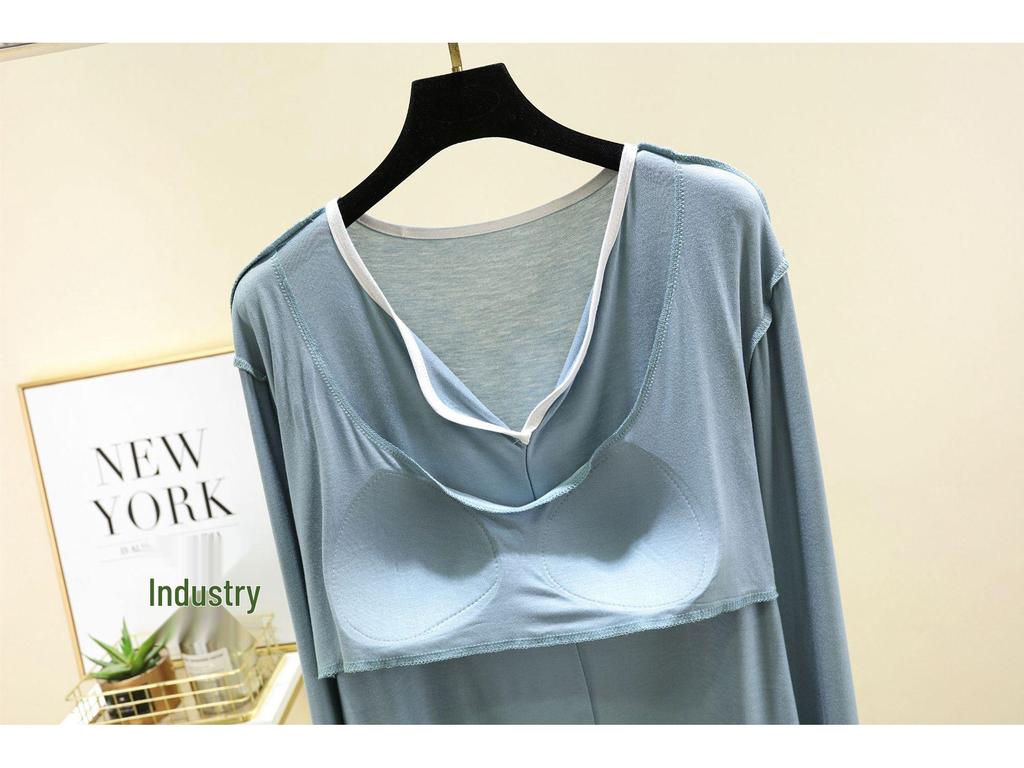 Модальный пижамный комплект с длинным рукавом и нагрудными вкладышами для женщин - Повседневный двухпредметный комплект на осень/зиму с отделкой