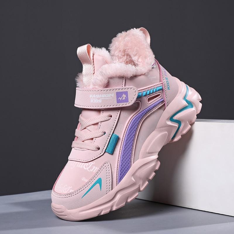 Плюшевая теплая детская повседневная обувь, непромокаемые кожаные детские кроссовки, спортивная розовая обувь для бега для девочек, кроссовки