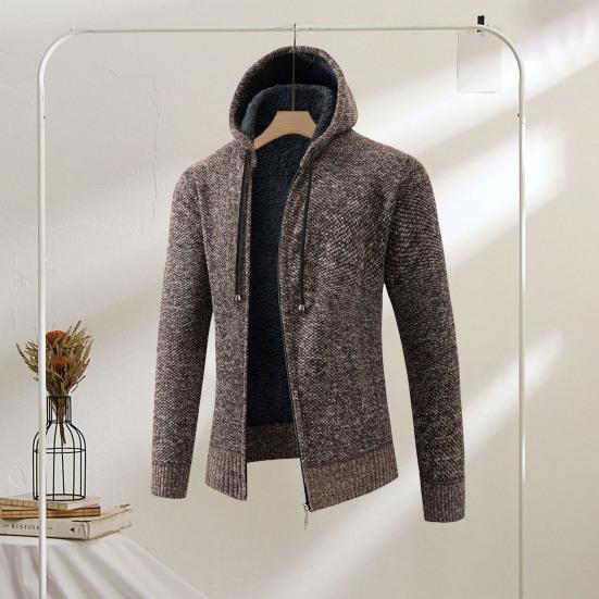 Men Fall Winter Cardigan Coat Drawstring Hooded Thick Velvet Lining Ribbed Cuffs Hem Solid Color Knitted