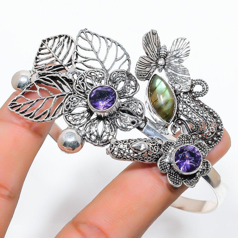 Натуральный лабрадорит, аметист, драгоценный камень, серебро 925 пробы, браслет-манжета, регулируемый. n2W91