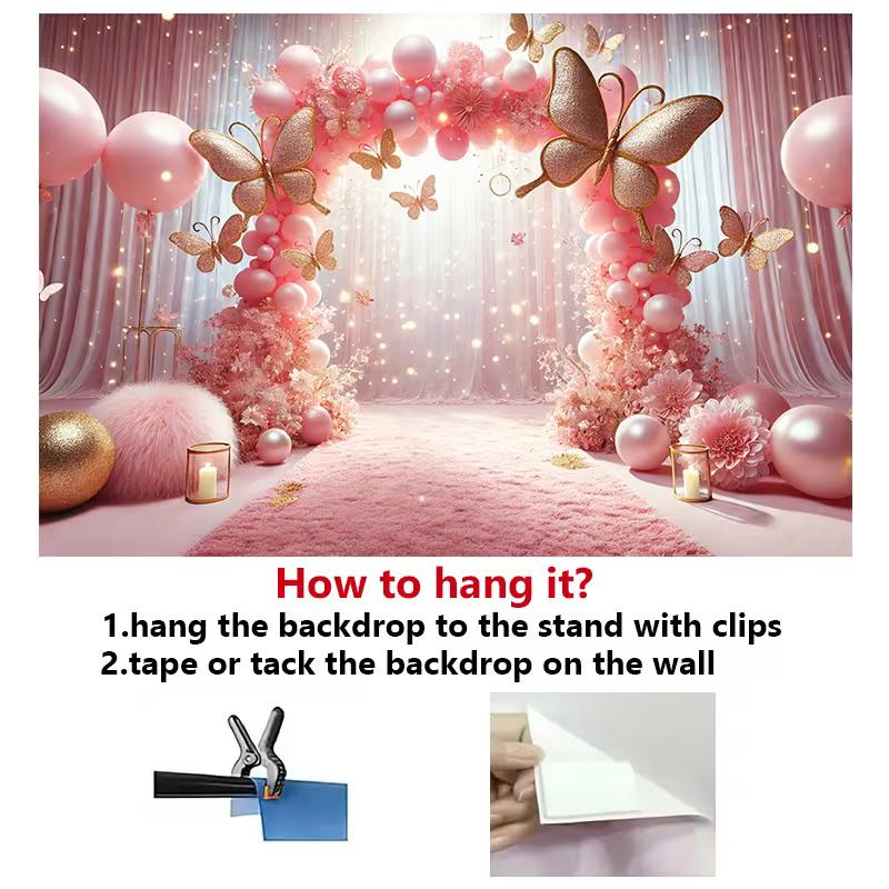 2D Dreamy Pink Curtain Backdrop with Sparkles and Balloons for Gender Reveals, Bridal Events and TV Shoots