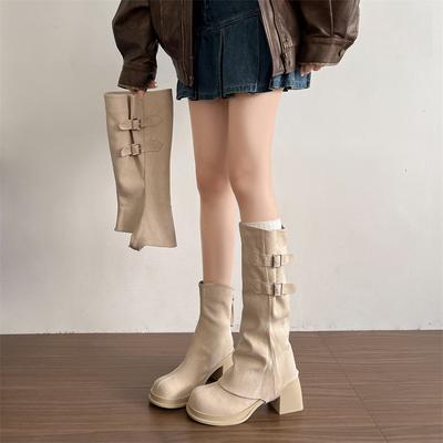 Бежевые ретро съемные ботинки толстый каблук ботинки Мартин женские 2025 новые весна и осень увеличивающие рост и стройнящие рыцарские ботинки