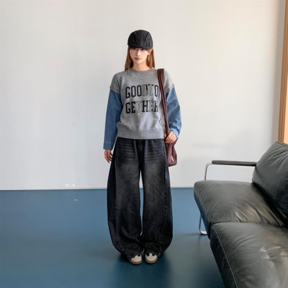 New Arrivals Open Run Women Oversized Denim Sleeve Round Neck Long Sleeve Knit