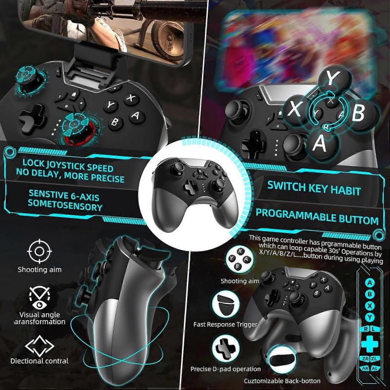 Bluetooth Controller for Switch/PC/iPhone/Android/Apple Arcade MFi Games/TV/Steam, Pro Wireless Game Controller(Black with clip)