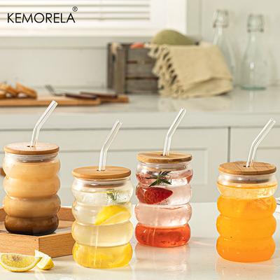 4 шт. Креативная стеклянная чашка с крышкой и соломинкой, термостойкая чашка-волна, чашки для пива, сока, холодного кофе, коктейлей, фруктов, пузырьковое стекло для напитков