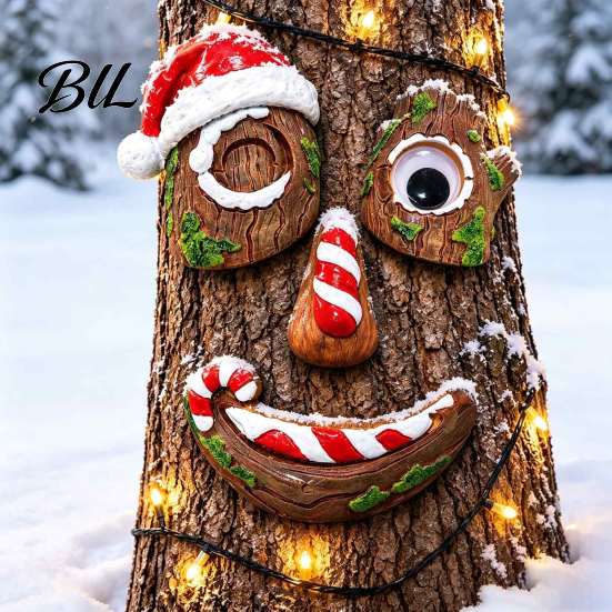 Creative Backyard Holiday Accessory 5 Pcs/Set Outdoor Tree Face Decor, Christmas Resin Art with Funny Ornament Santa Hat, Eyes Nose Mouth Set