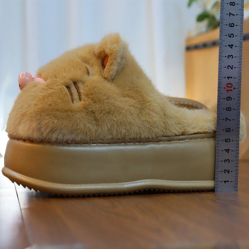 2024 новые зимние тапочки женские меховые шлепанцы тапочки для девочек милые хлопковые тапочки с котом теплые домашние пушистые тапочки на платформе