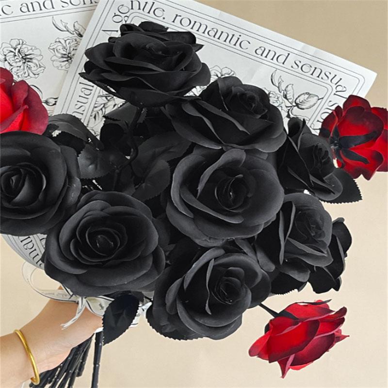 Fake Flower Black Silk Artificial Rose Flower Halloween Gothic Dark Flowers For Wedding Home Party Decor Simulation Flowers