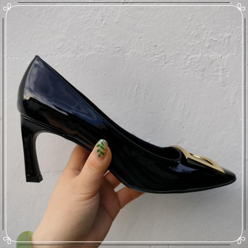 Lady Ww Classic Rv Square Buckle Small Square Head Shallow Mouth High Heels Women's Autumn and Winter New Thick Heel Flat Bottom Commuter Shoes