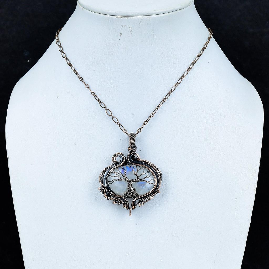 Подвеска из радужного лунного камня, ювелирное изделие из драгоценного камня, подвеска, обернутая медной проволокой 999 пробы, красивая подвеска ручной работы