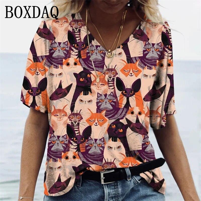 Женские футболки с принтом котов и героями мультфильмов, рубашки большого размера с v-образным вырезом для девочек, повседневные топы Kawaii, летние уличные женские футболки с короткими рукавами