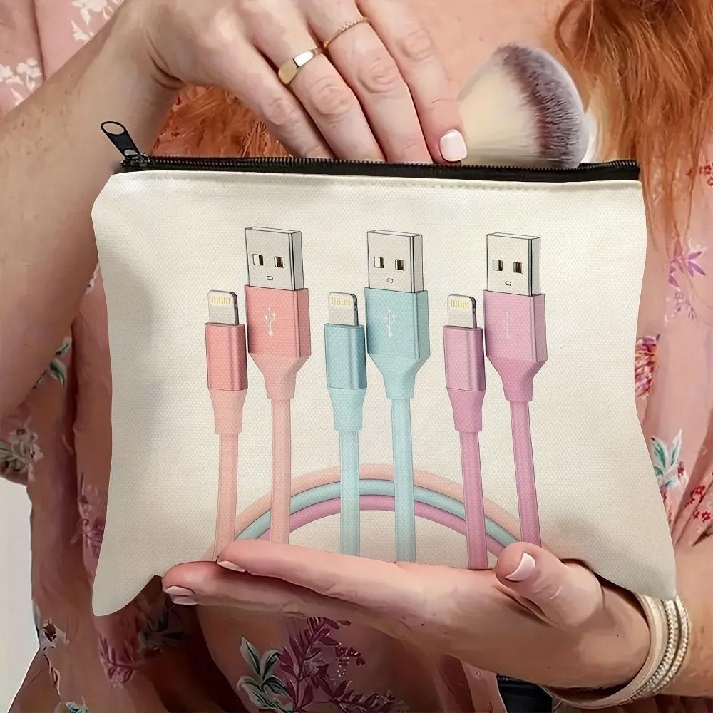 Canvas Charger Storage Pouch Print Design Zipper Closure Electronics Bag Large Capacity Cable Organizer Bag for Office Desk