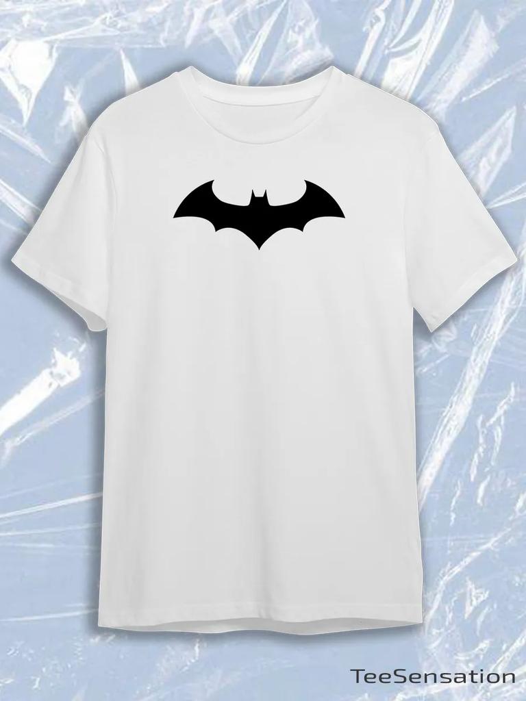 TeeSensation White Crew Neck Short Sleeve T-Shirt with Black Batman Bat Symbol Logo Print