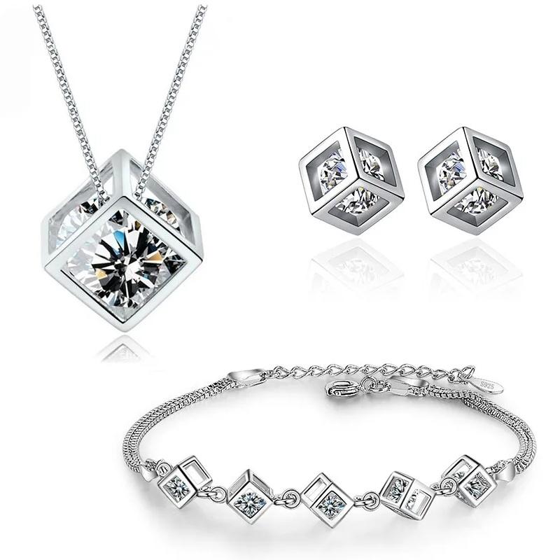 Moissanite Jewelry Cube Zircon Jewelry Sets for Women Necklace Bracelet Earrings Trend Statement Jewelry