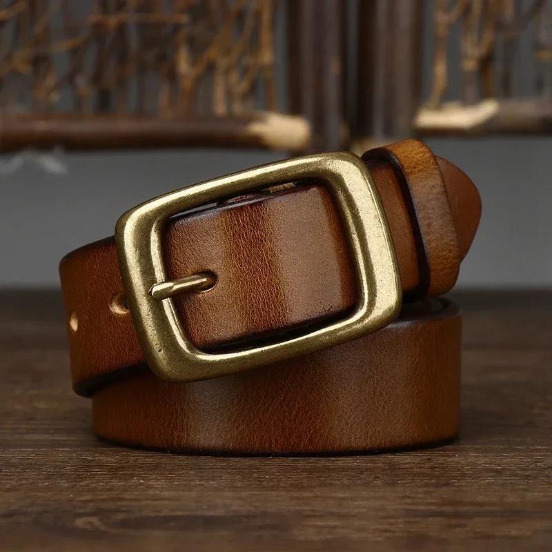 3.3CM Men's Genuine Leather Belt Luxury Designer Brass Pin Buckle Belts Pure Cowskin Vintage Strap Male Jeans for Man Women