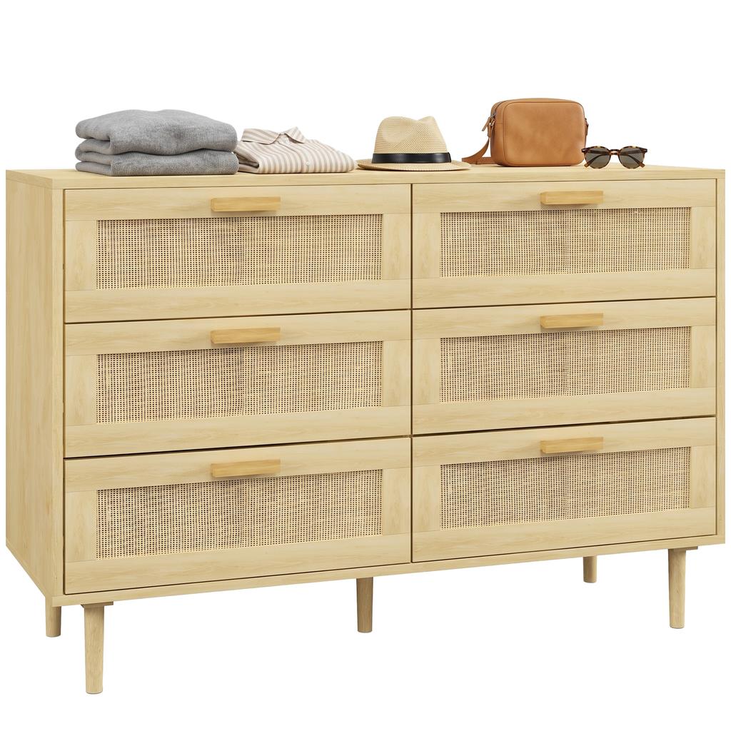 Chest Of Drawers 6 Drawer Dresser Tall Storage Drawer Unit With Rattan Element For Bedroom Living Room Oak