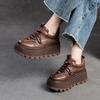 Genuine Leather Flat Platform Shoes Retro Round Toe Lace-up Women's Thick Sole Elevated Shoes