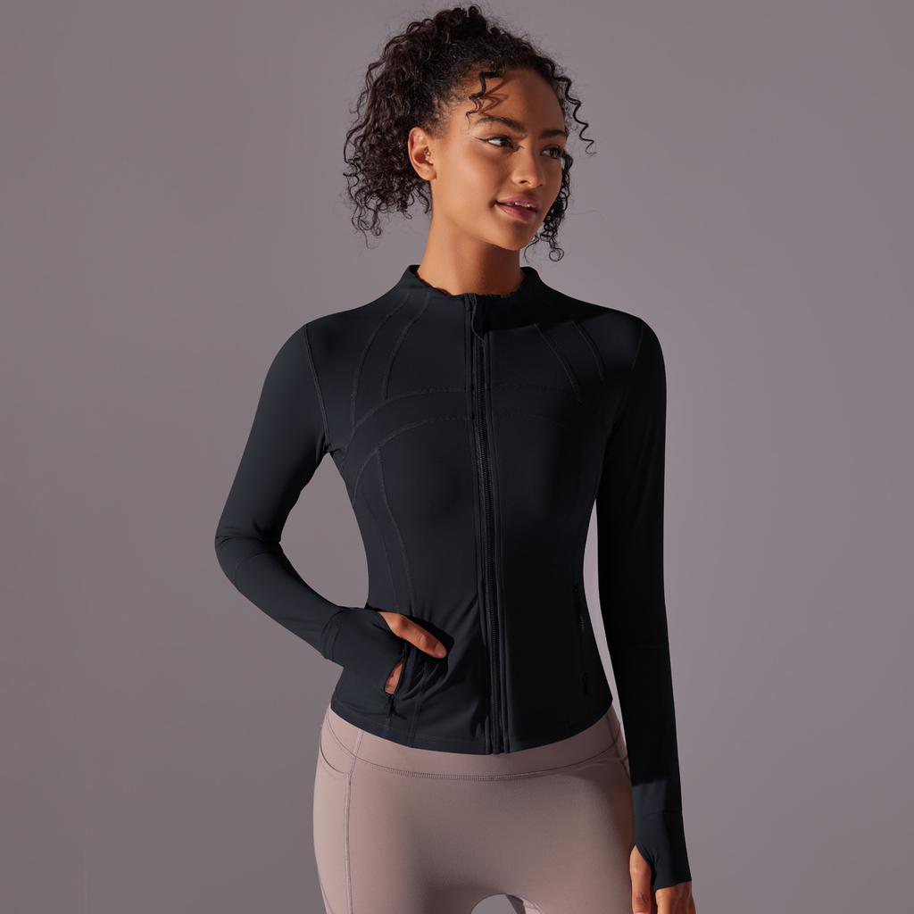 New Double-sided Nylon Brushed Sports Zipper Stand Up Collar Yoga Jacket, Sports Running Fitness Long Sleeved Top For Women