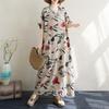 2025 Summer Plus Size New Dress Beach Casual Basic Loose V-Neck Women Vintage Printing Long Dress Maxi