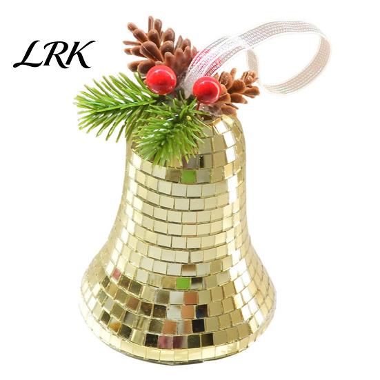 Mirror Tiles Bell Decorations Christmas Disco Decoration, Reflective Xmas Hanging Ornament, Decorative Bells with Berries Tree Pendant for Holiday