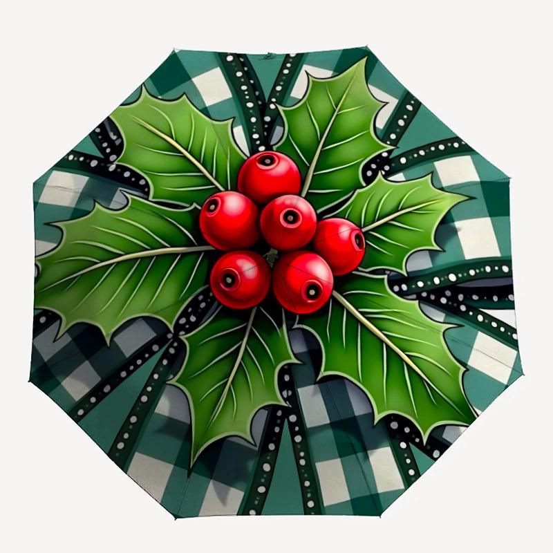 1pc Holly Berries Automatic Open/Close Umbrella, Portable Folding Umbrella, Compact Travel Umbrella for099