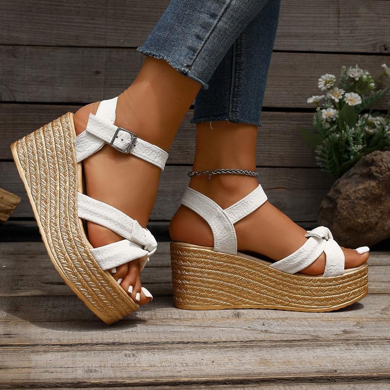 Мода 2025 НОВЫЕ Босоножки на танкетке Женская платформа Дизайн с бантом Летняя обувь на высоком каблуке Женские босоножки Туфли на каблуке для женщины