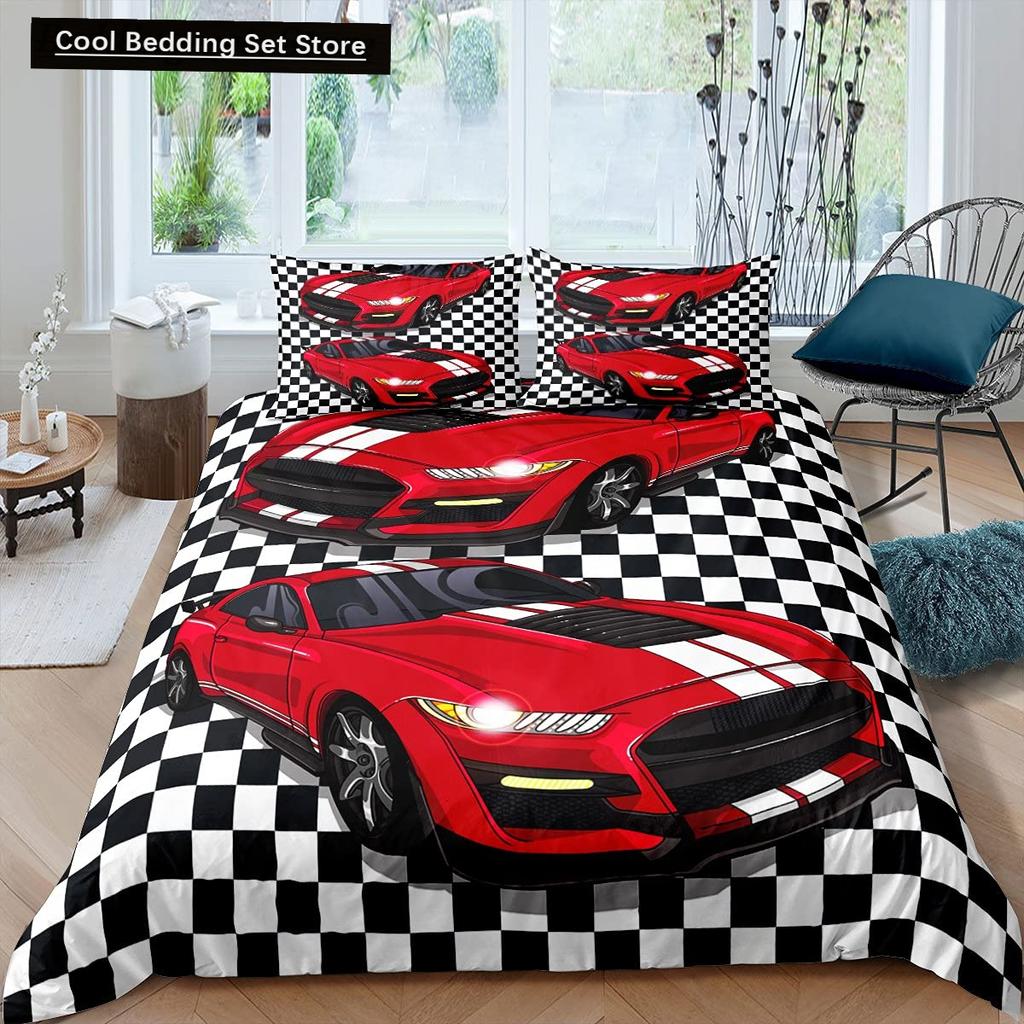 Race Car King Queen Duvet Cover Cool Speed Racing Bedding Set Teens Men Black Sport Car Quilt Cover Polyester Comforter Cover