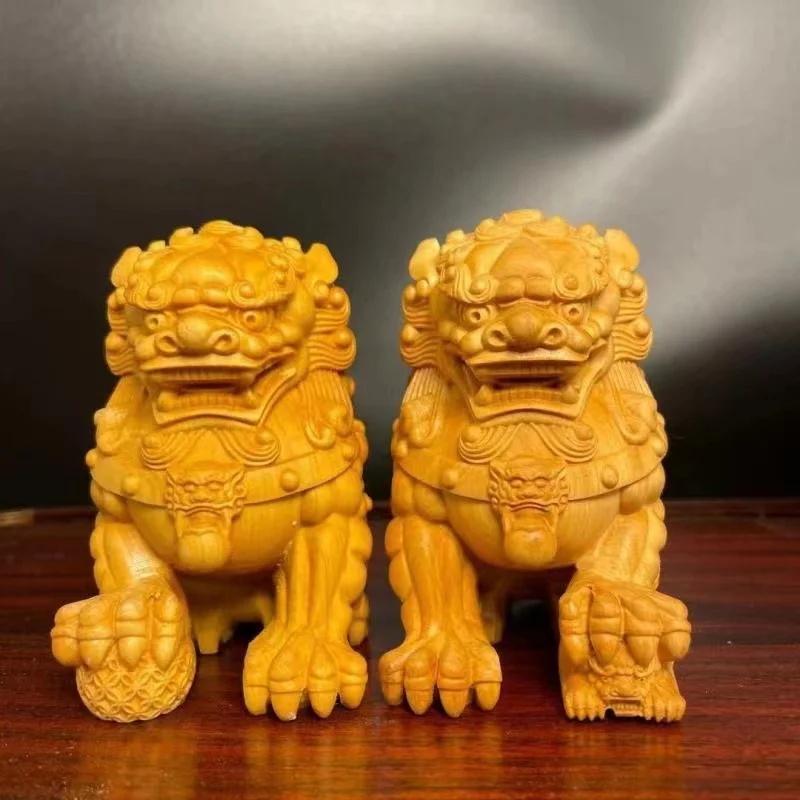 Резьба по массиву дерева Декоративные украшения Льва Запретного города Ручная работа Домашний талисман удачи Фигурки с китайским колоритом