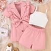 Girls' Fashion Suit Spring Summer Children's Casual Halter Solid Color Short-sleeved Lapel Suit Jacket Shorts Three-piece Suit