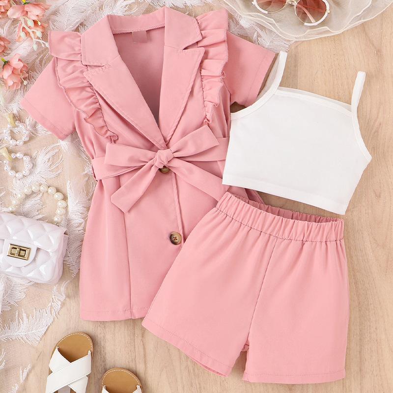 Girls' Fashion Suit Spring Summer Children's Casual Halter Solid Color Short-sleeved Lapel Suit Jacket Shorts Three-piece Suit