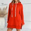 Женское платье с капюшоном, свободный однотонный цвет, с разрезом, завязками на талии, с большим карманом, с капюшоном, средней длины, для поездок на работу, свиданий, спортивная толстовка с капюшоном