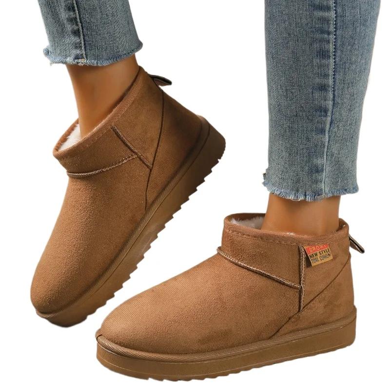 Мода 2024 года, зимняя популярная высококачественная женская обувь, модные однотонные замшевые женские короткие сапоги с круглым носком и низким каблуком